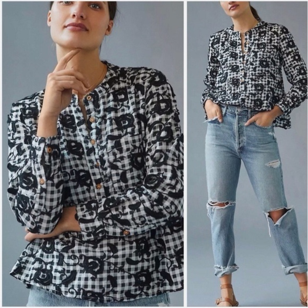 Anthropologie Pilcro The Whitney Trapeze floral embroidered button-down shirt S